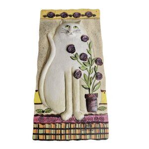 Vintage 1990s E. Smithson Plaque Tile Folk Art 3D Cat Snow Rose Wall Decor